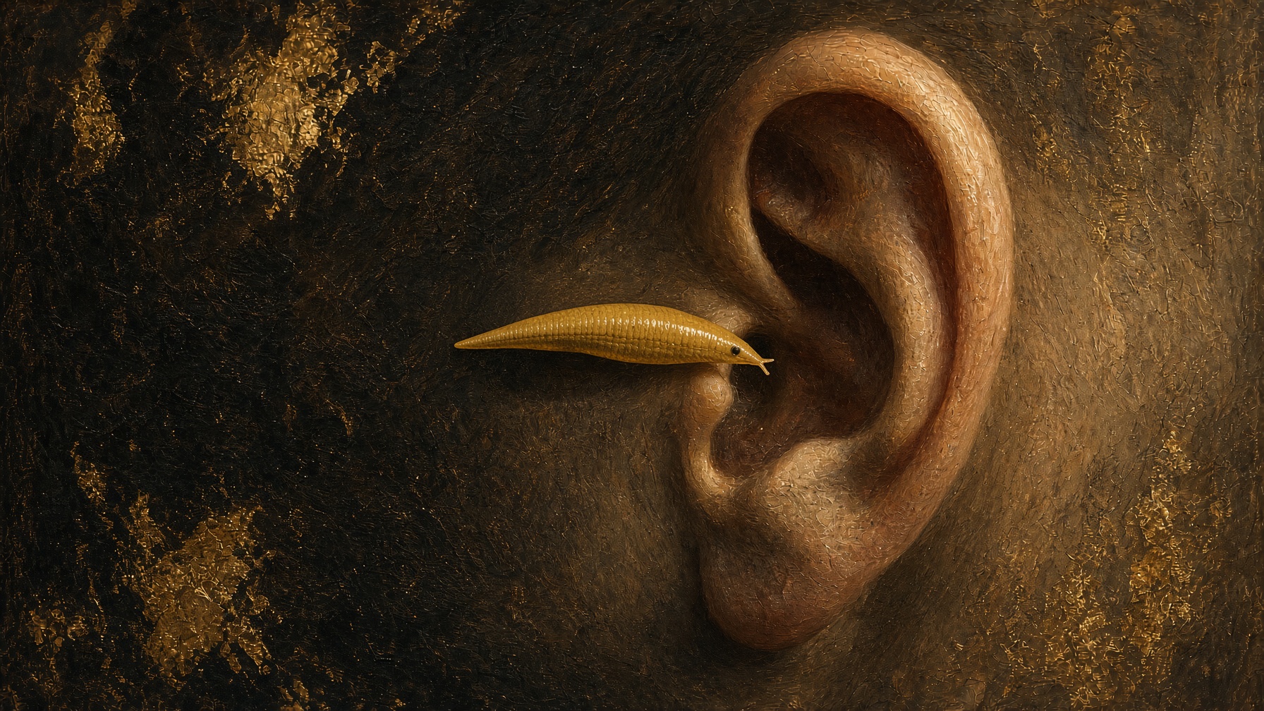 A small yellow leech-like creature at a human ear. Adams: small, yellow, leech-like. Interpretive plate, not a film still.