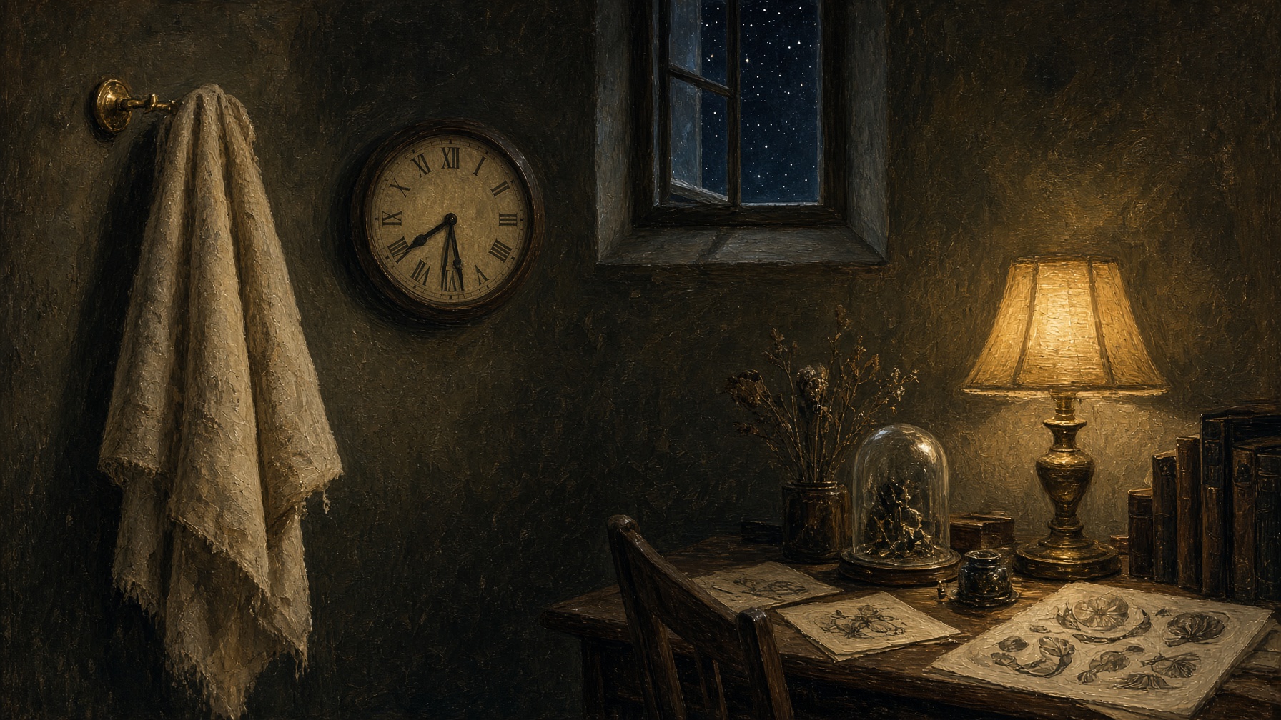 A used towel on a brass peg in a dark study, a clock on the wall. Interpretive plate, not a photograph of the sky.