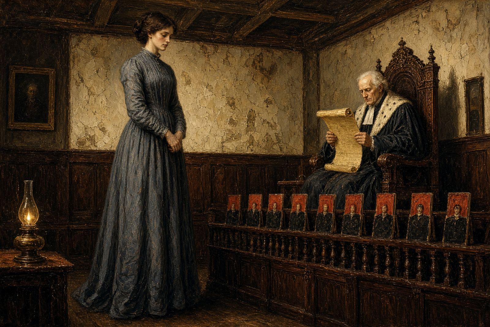 Painterly Victorian courtroom: a tall girl in slate-blue standing too large for the room, a tiny magistrate reading a scroll, amber lamplight.