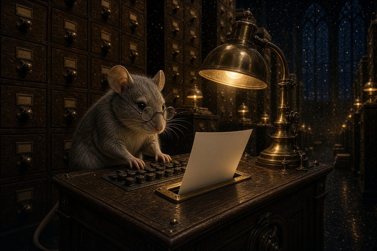 A mouse at a brass receiving console watching a glowing 42.