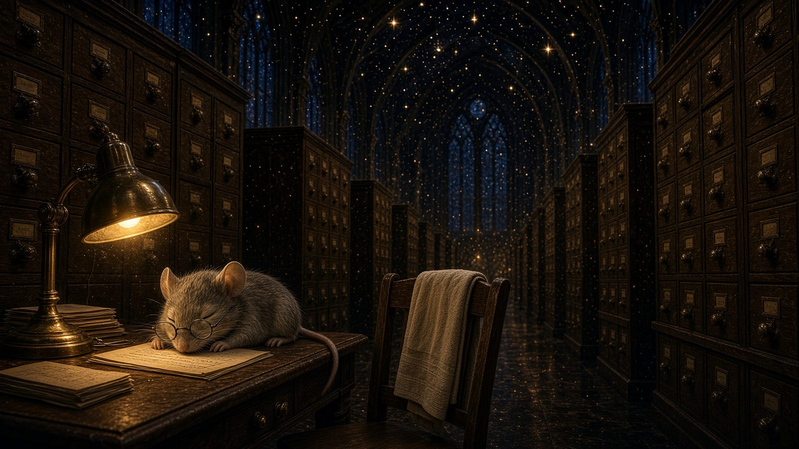 A grey mouse asleep at a clerk’s desk in a starlit archive of wooden card catalogues. Brass lamp. Towel over the chair.