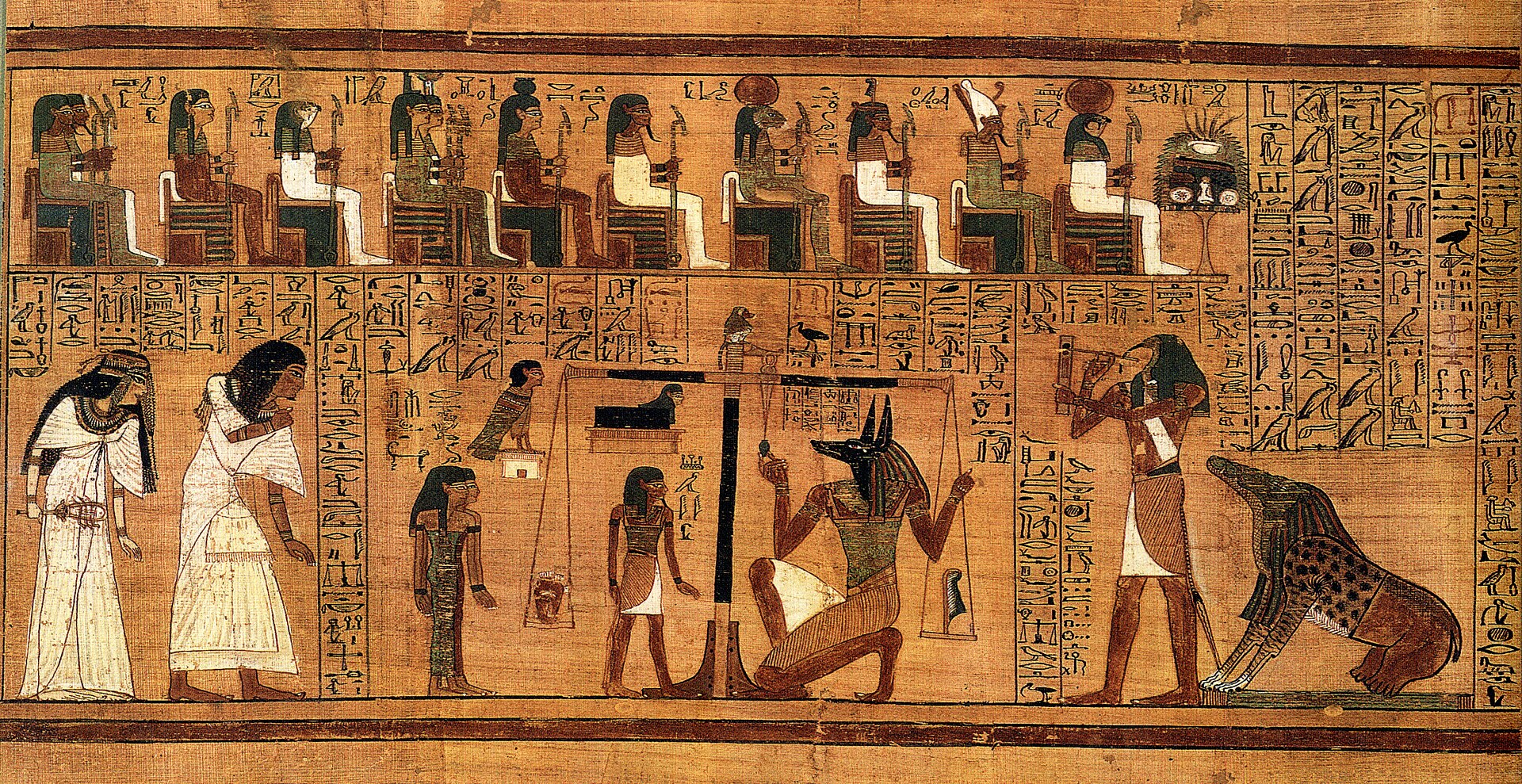 Weighing of the Heart from the Book of the Dead of Ani: Anubis at the scale, Maʽat’s feather.