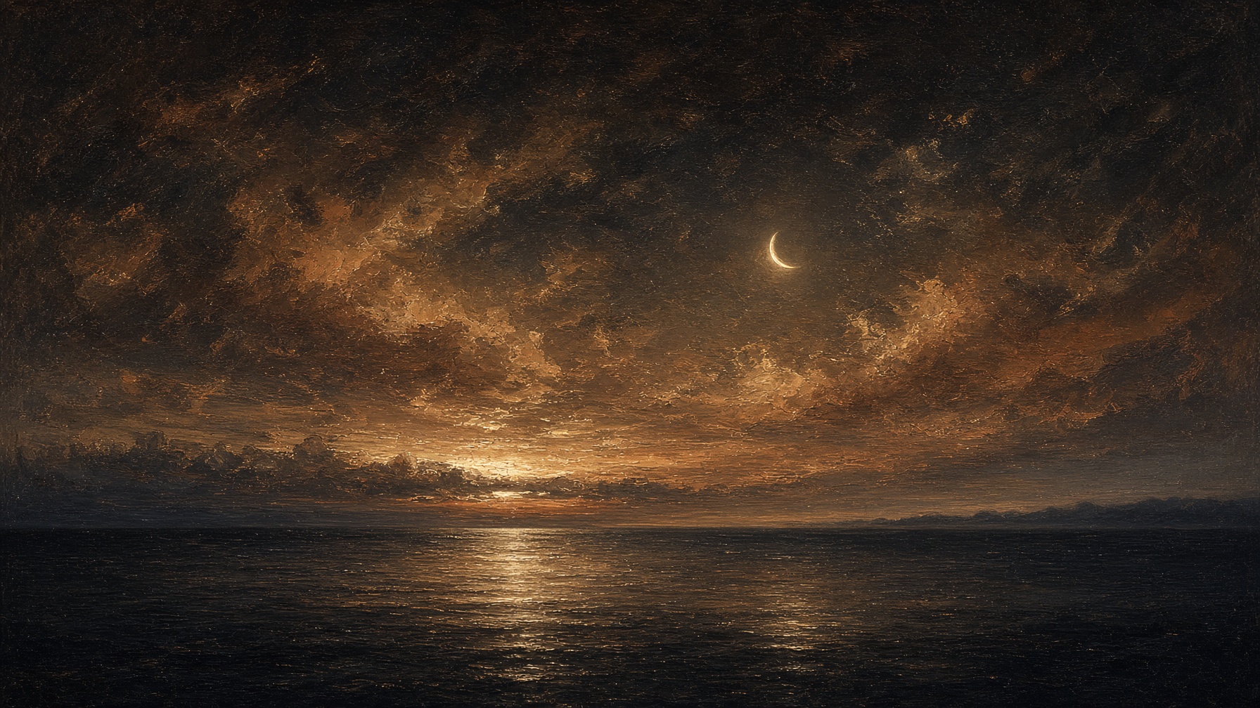 A thin new moon over a dark sea, copper light on the water.