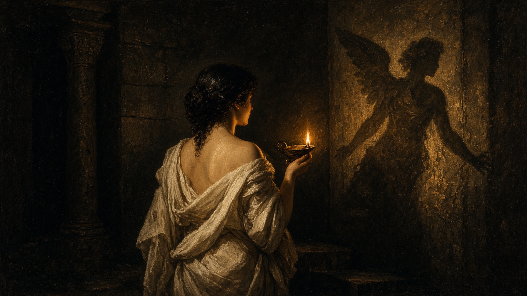 Psyche in a dark chamber, a small lamp the only light.