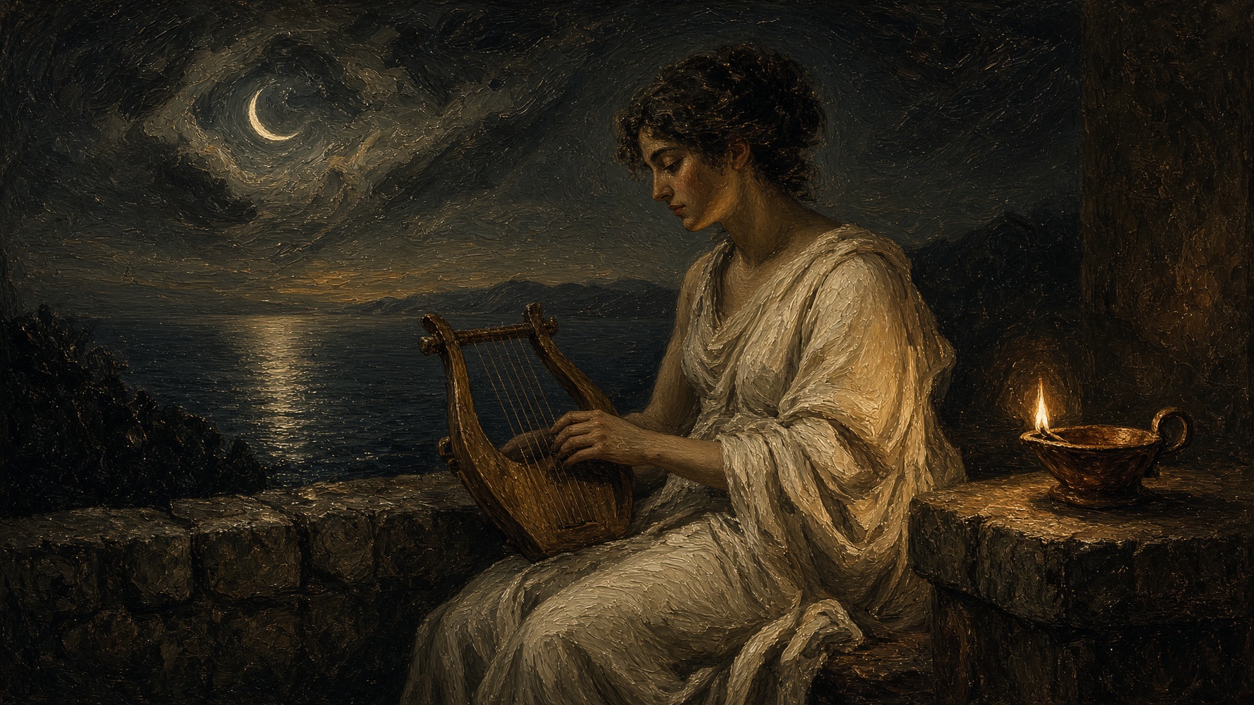 A woman with a lyre on a night terrace over dark water.