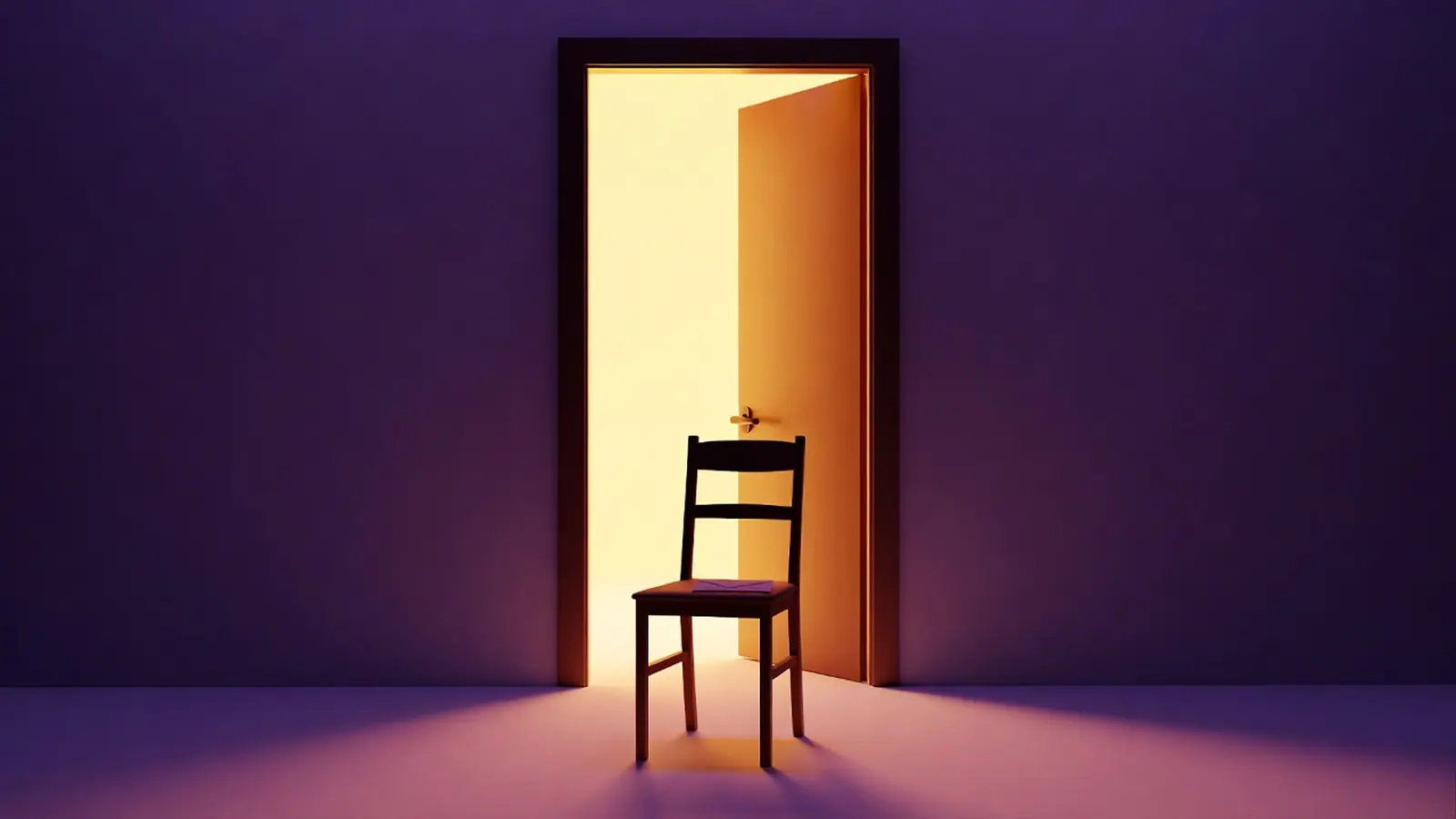 An empty chair before a lit open doorway, generated image