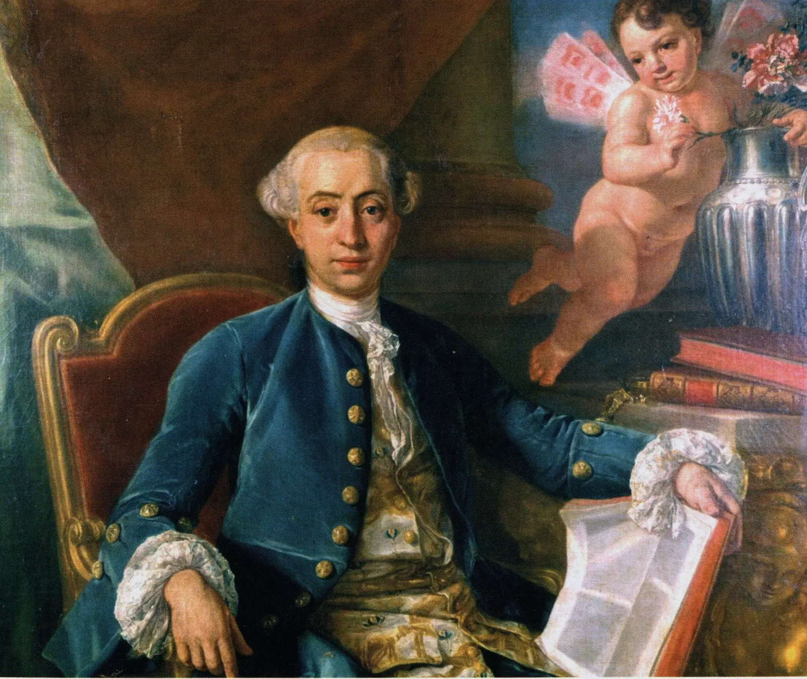An eighteenth-century portrait attributed to Francesco Narici of Giacomo Casanova in a powdered wig and embroidered coat.