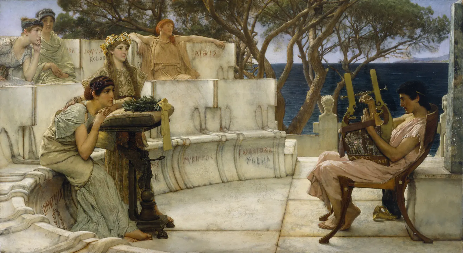 Alma-Tadema's Sappho and Alcaeus: Sappho and companions on marble seats listen as Alcaeus plays the kithara, the blue Aegean behind them.