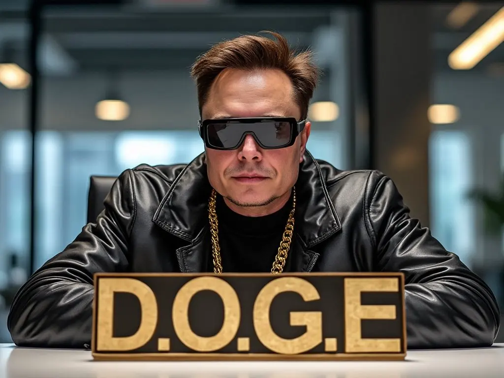 AI-generated meme image of Elon Musk in visor glasses behind a D.O.G.E sign