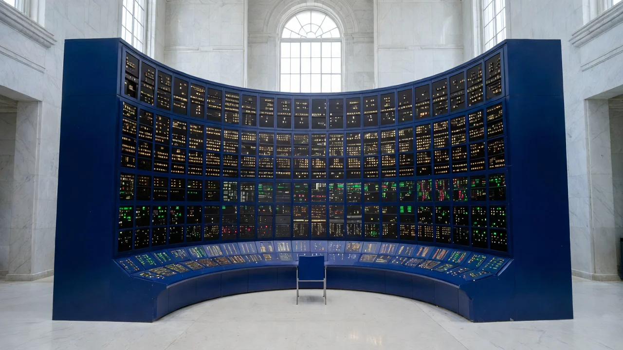 A vast computer console in a dark cavern, its panels carrying tiny unreadable marks, generated image