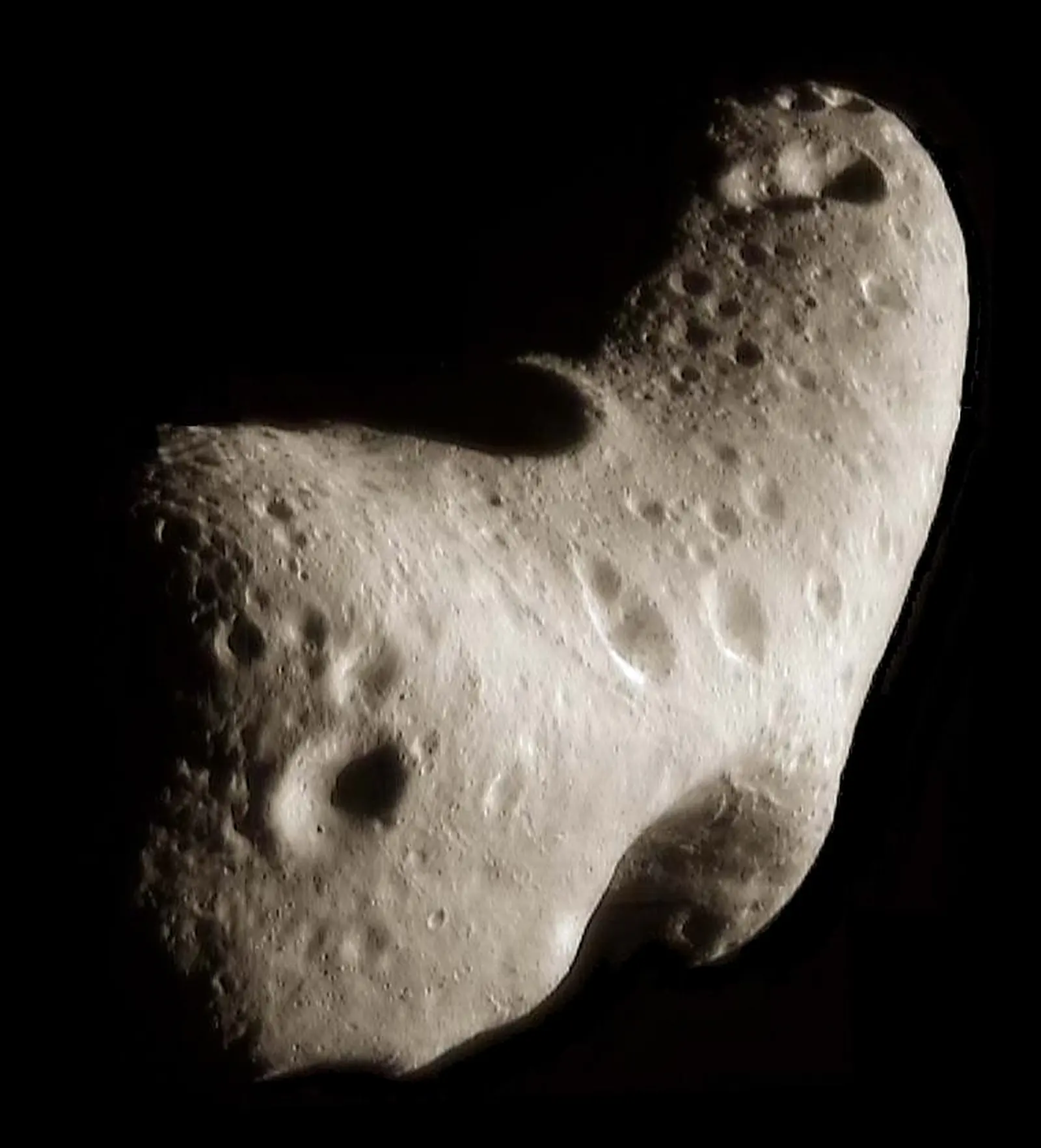 Asteroid 433 Eros photographed by NEAR Shoemaker from orbit, a tan, cratered, saddle-shaped rock looking down on its north polar region, the broad saddle Himeros at center.