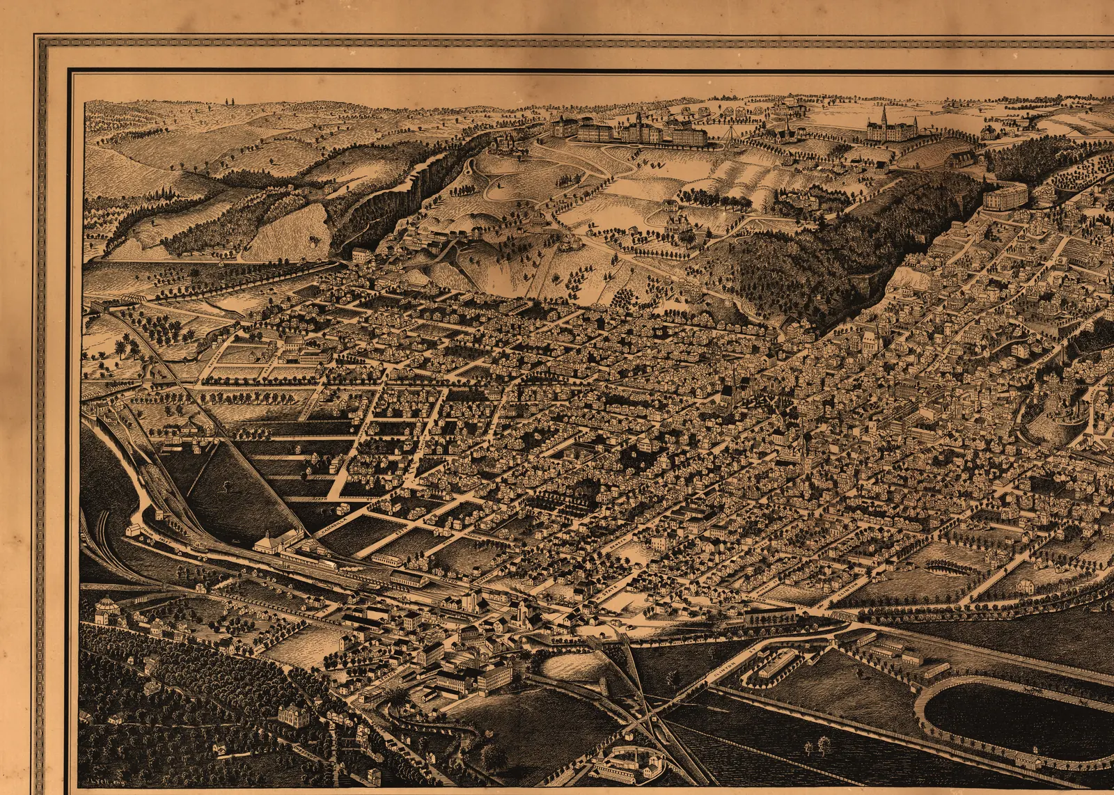 An 1882 bird's-eye view of Ithaca, New York, the town on its hillside above Cayuga Lake with streets and buildings drawn in perspective.