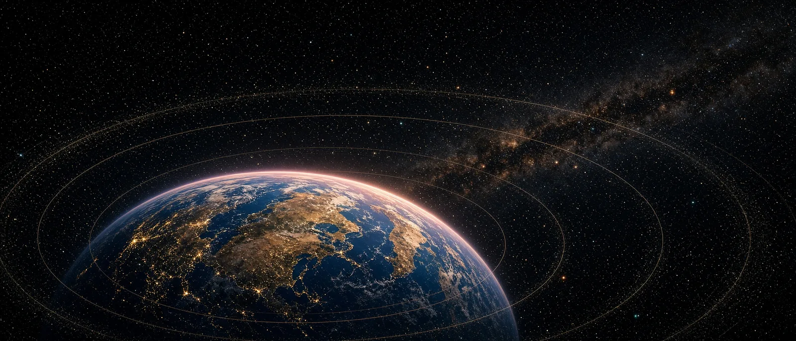 Earth at night from orbit, wrapped in glowing orbit rings, with the Milky Way behind. The Seven Flows hero from The Book of 42.