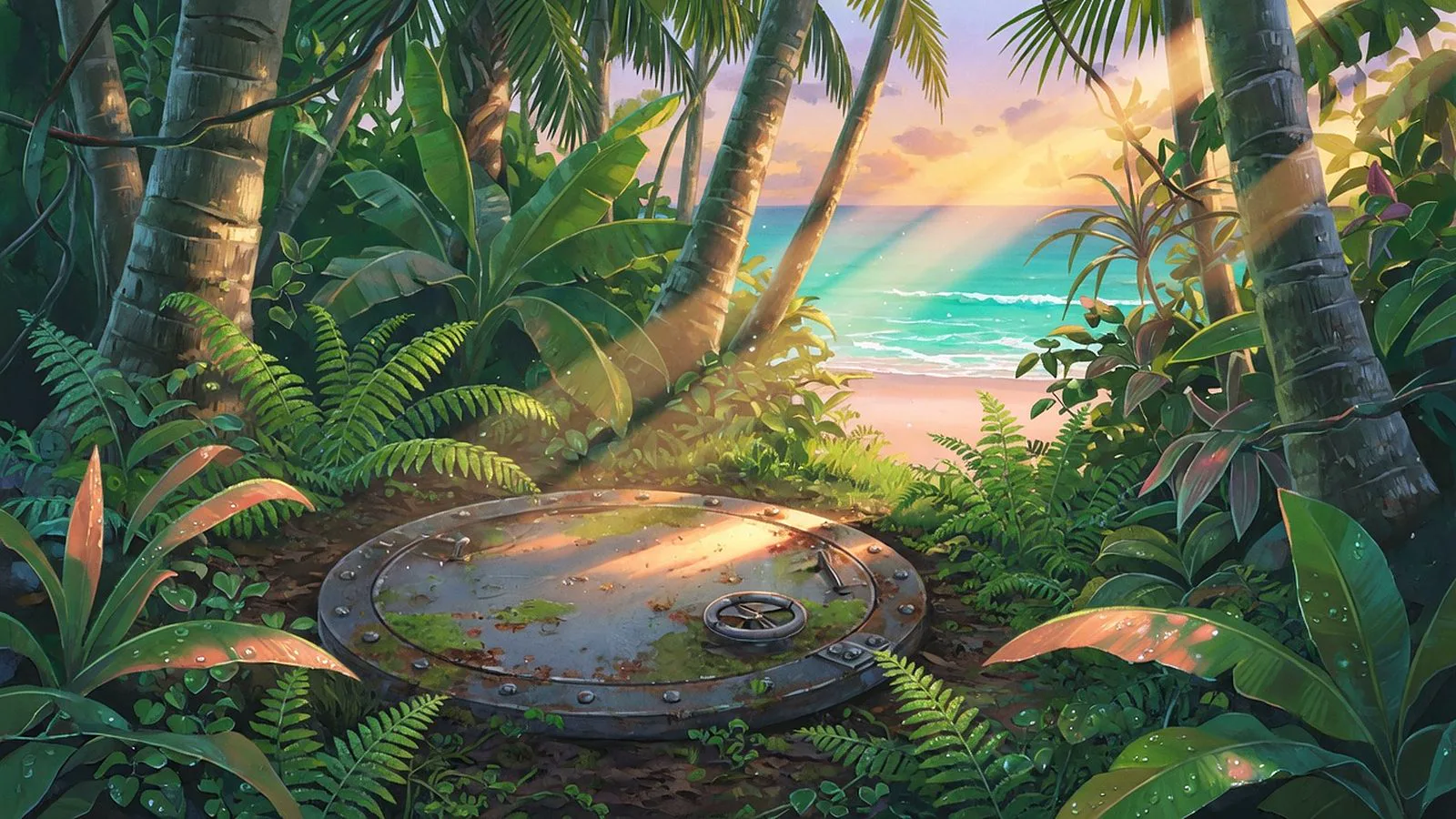 A weathered steel hatch set into the ground of a green tropical jungle at dawn, with sea glinting between the palms.