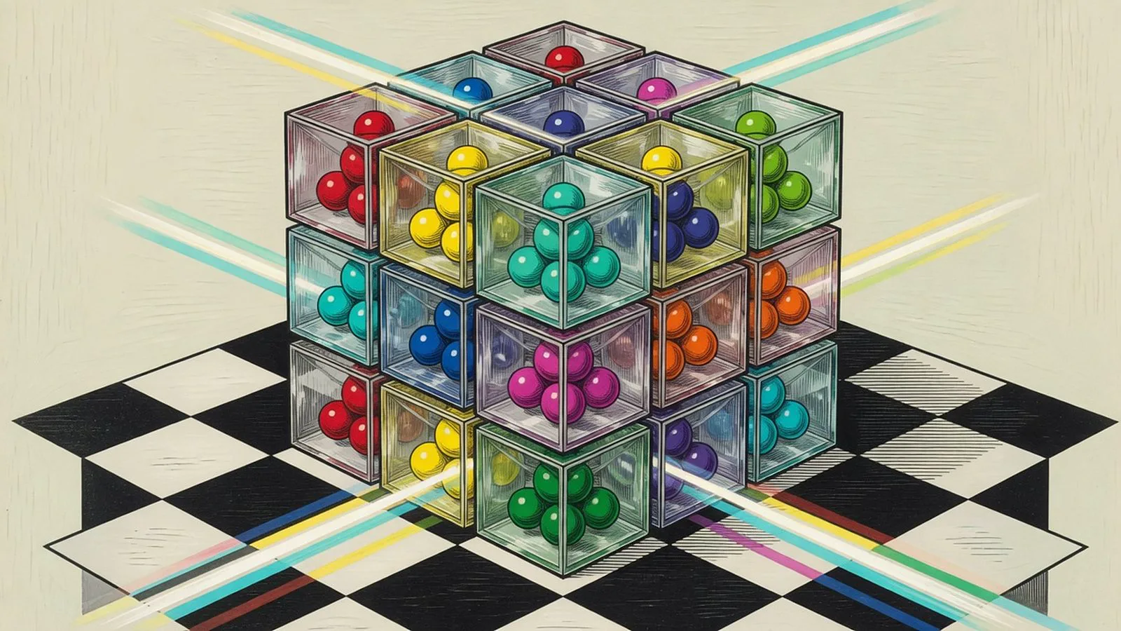 A glass cube of 27 blocks, each holding coloured spheres, with light beams running straight through its rows.