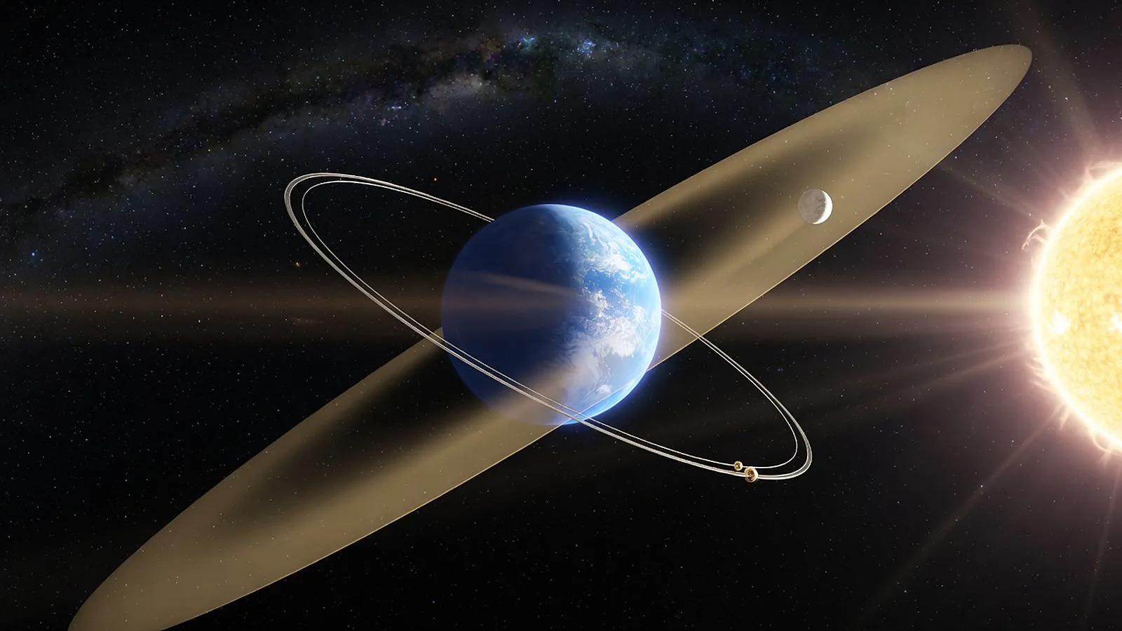 Earth at the centre with the Moon's tilted orbit crossing the Sun's path, two close gold markers at one crossing.