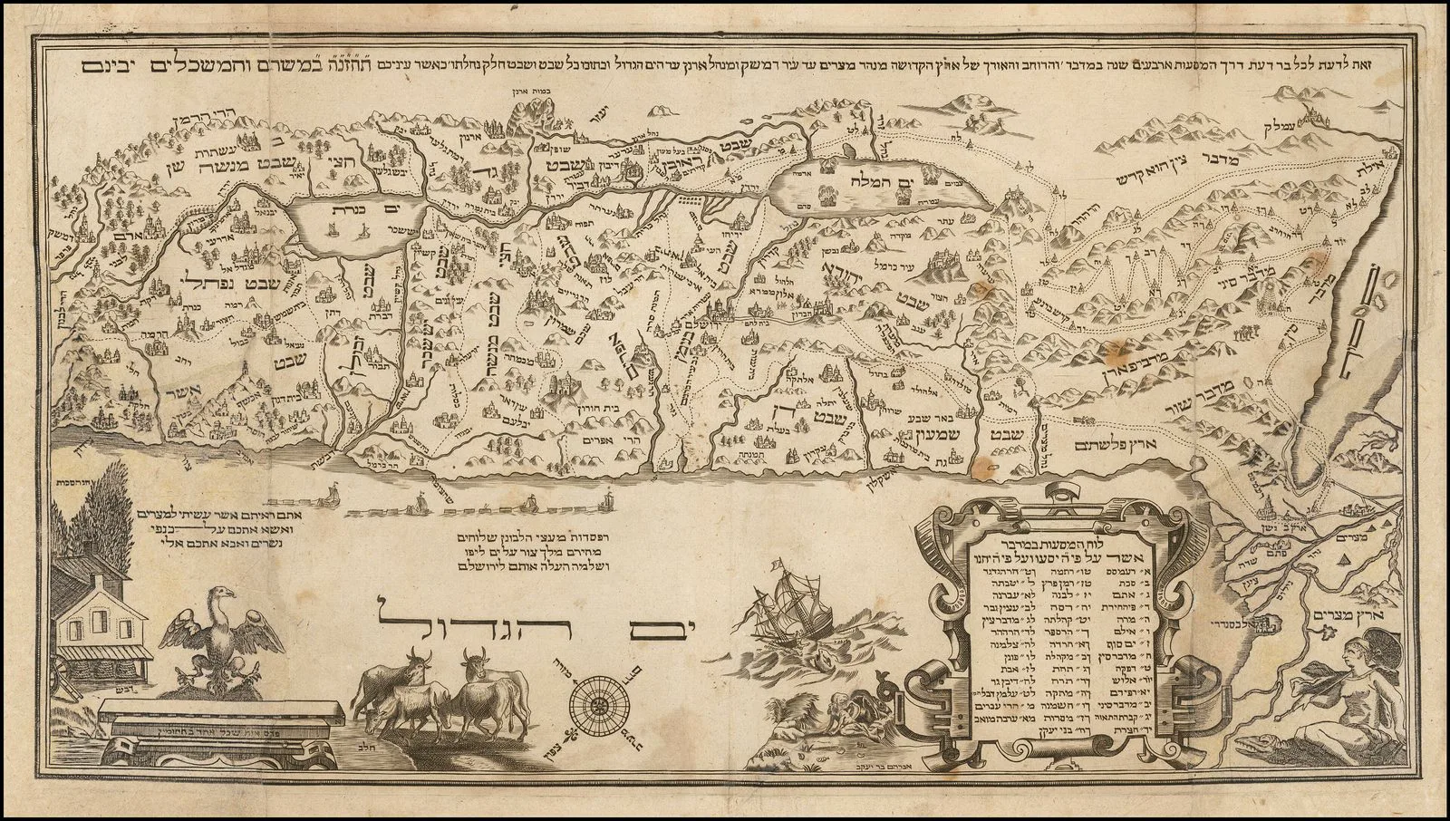 Abraham bar Jacob's 1695 Amsterdam Haggadah map tracing the Exodus route and its camps from Egypt to Canaan.