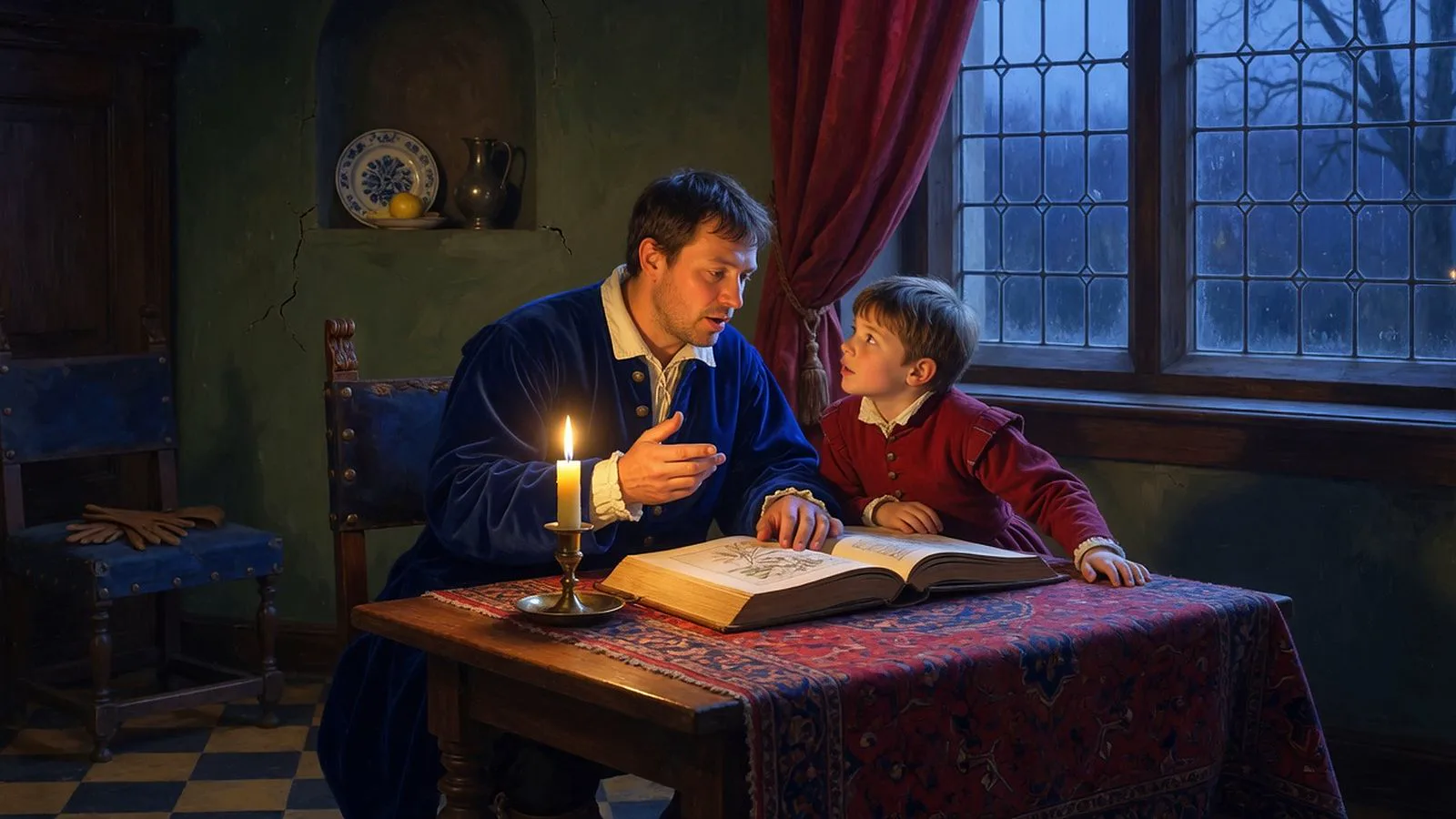 A father speaking to his young son at a candlelit table, the boy leaning in to listen.