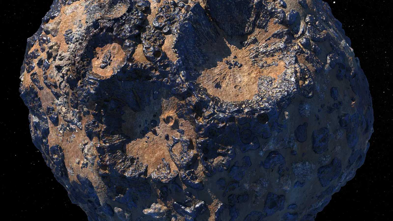 Artist's concept of asteroid 16 Psyche: a dark, heavily cratered metal-and-rock body with rust and bronze highlights against black space.