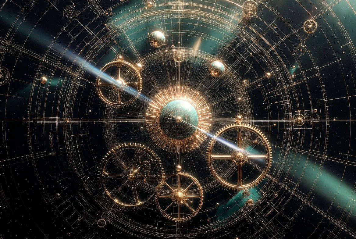 Clockwork gears and orbits in gold, Newton's sky machine.