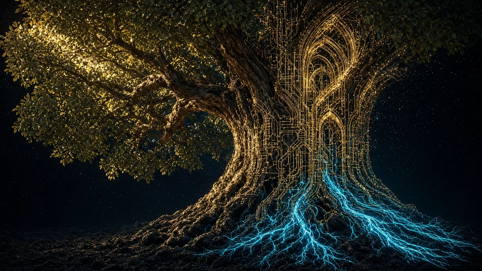 A living tree whose trunk and roots turn into gold circuitry, knowledge as a semantic tree