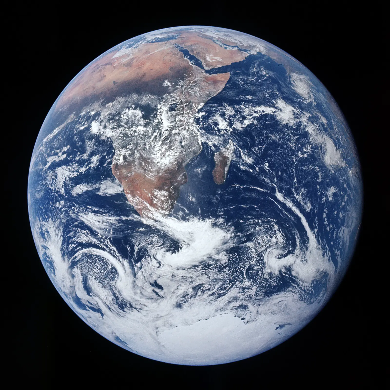 The Blue Marble, Earth from Apollo 17, oceans and cloud in daylight.