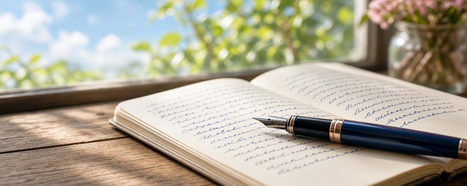 Generated image: an open handwritten journal and a fountain pen in morning window light.