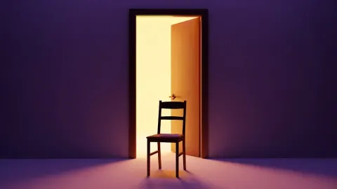 An empty chair before a lit open doorway, generated image