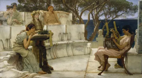 Alma-Tadema's Sappho and Alcaeus: Sappho and companions on marble seats listen as Alcaeus plays the kithara, the blue Aegean behind them.