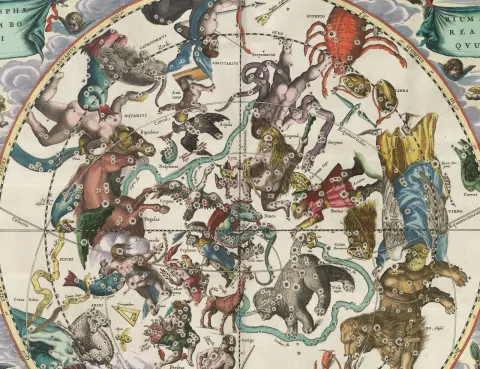 A hand-colored 1661 celestial chart of the northern sky from Cellarius's Harmonia Macrocosmica, constellation figures and zodiac creatures in blue, gold and rose within a round star map.