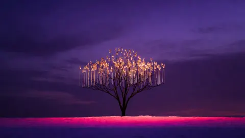 A tree whose branches all end in lights at the same height, generated image