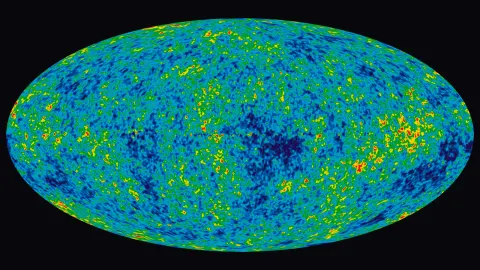 The WMAP nine-year internal linear combination map of the cosmic microwave background, an oval of red, yellow, blue, and green on black.