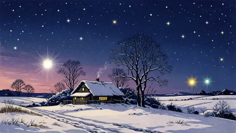 A snowy farm on a winter night: Venus dazzling in the west and two small planets close together low in the south-east.
