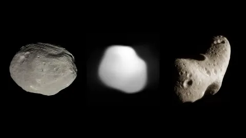Three asteroid photographs side by side: Vesta, Psyche and Eros