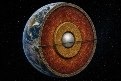 Cutaway Earth in space, crust, red mantle, gold outer core and silver inner core exposed, with one straight dark tunnel running through the planet from side to side.