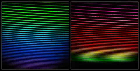 The light of the old star HD 222925 spread by the GHOST spectrograph on Gemini South into two panels of stacked color bands, violet and blue through green, gold and red, with no labels.