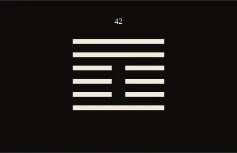 I Ching hexagram 42, Increase. Thunder below, wind above. Ivory lines on a dark field.