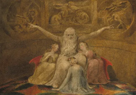 William Blake's tempera Job and His Daughters, the restored Job telling his story to his three daughters.