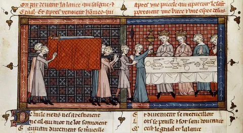 Perceval at the Grail procession. A maiden carries a glowing vessel, from a 1330 manuscript of the Conte du Graal.
