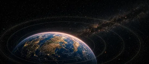 Earth at night from orbit, wrapped in glowing orbit rings, with the Milky Way behind. The Seven Flows hero from The Book of 42.