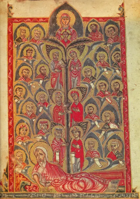 An Armenian manuscript miniature of the Tree of Jesse, the genealogy of Christ as a branching vine.