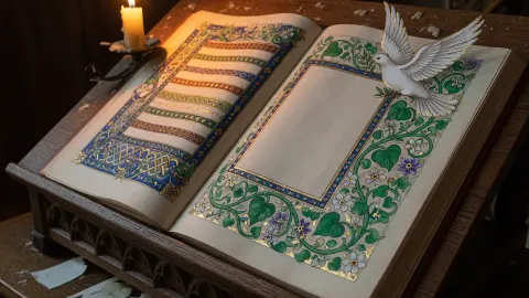 An ancient hymn book open by candlelight, its last page framed by a green vine and a white dove.