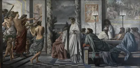 Anselm Feuerbach's Plato's Symposium, the drinking party welcoming Alcibiades.