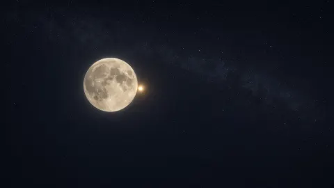 A full Moon with a small bright companion light, from the Book's Origin room.