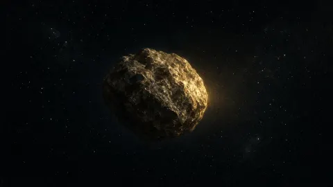 The metal asteroid 16 Psyche alone in the dark, from the Book's 'Psyche had a lamp' plate.