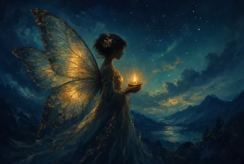 Psyche's lamp raised in the dark, the Book's myth plate.