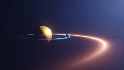 A path of light curving away from the Sun past a small planet's orbit, generated image