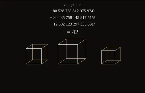 The three integers whose cubes sum to 42, with three cubes drawn in line perspective.
