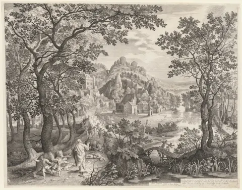 Nicolaes de Bruyn's engraving of Elisha on the road cursing the youths of Bethel as bears come out of the woods.