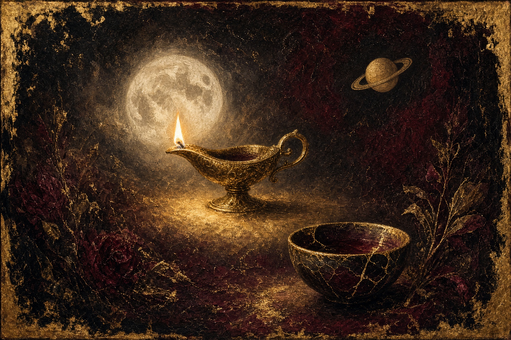 A gold lamp. A pale moon. Saturn a small ringed coin. A bowl mended with gold.